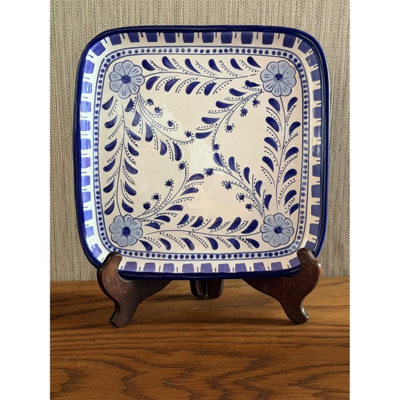 Le Souk Ceramique Other - Le Souk Ceramique Blue White Square 9.75" Plate Hand Painted Floral